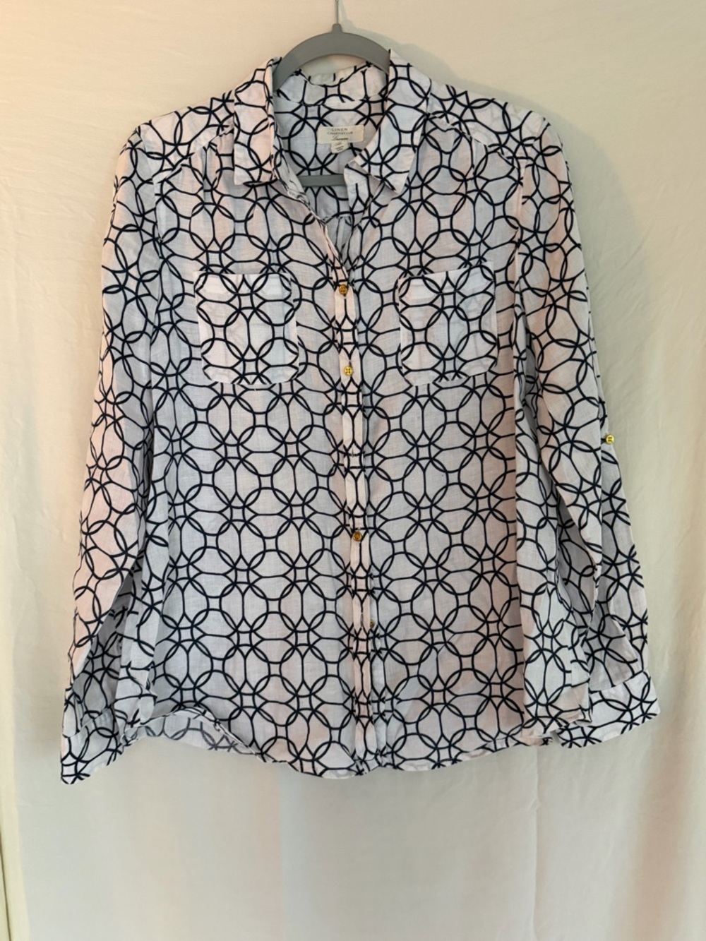 Charter Club White and Navy Geometric Button-Front Shirt